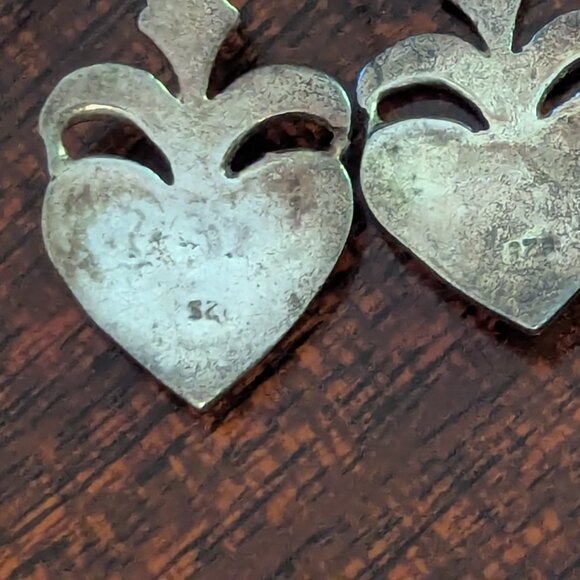 Heart Abalone Dangle Earrings Sterling Silver Boho Victorian Filigree Folk Art - Picture 3 of 6